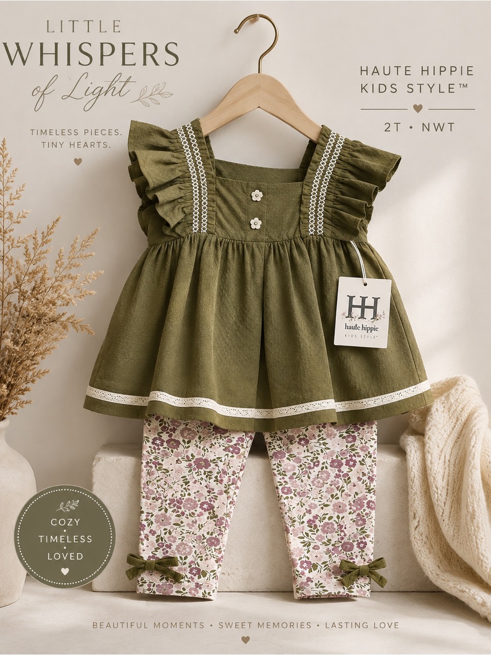 Haute Hippie Kids 2T NWT Olive Ruffle Top & Floral Leggings Set